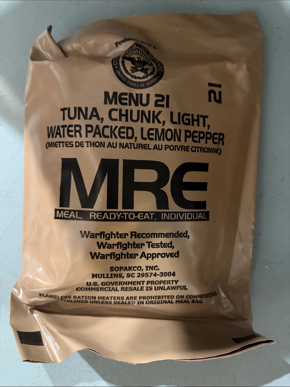 MRE Menu # 21 Tuna Chunk Light Lemon Pepper pasta